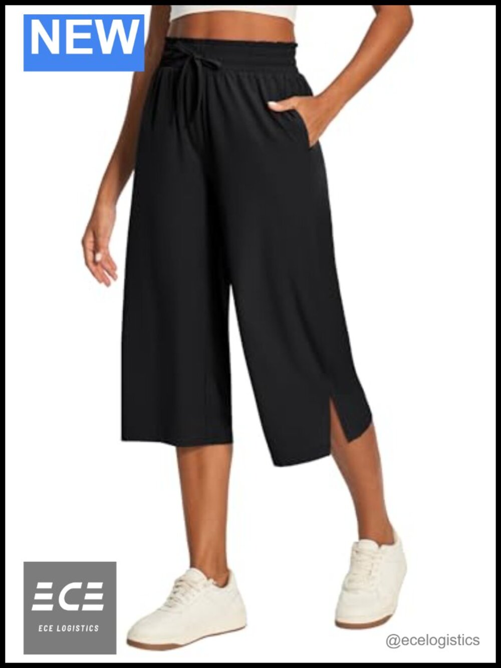 Capri Pants Women Wide Leg Gaucho Drawstring High Waisted Pockets Summer